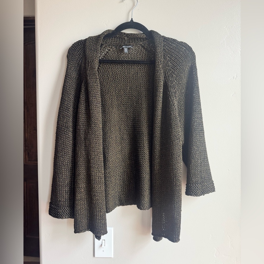 Eileen Fisher Metallic Open Knit Cardigan Boho Luxe Shimmer Drape XL Chic